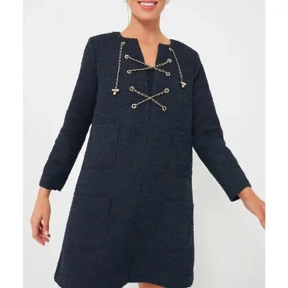 Tuckernuck Navy Gold Tie Tweed Kelly Mini Dress Notched Neck XL New w/Tags